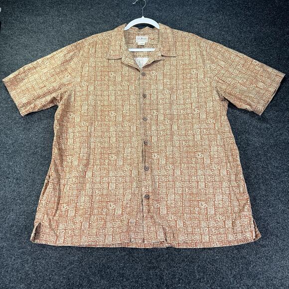 LL Bean Mens L Tropics Short Sleeve Aztec Mayan Hawaiian Button Shirt Red Tiki - Picture 1 of 8